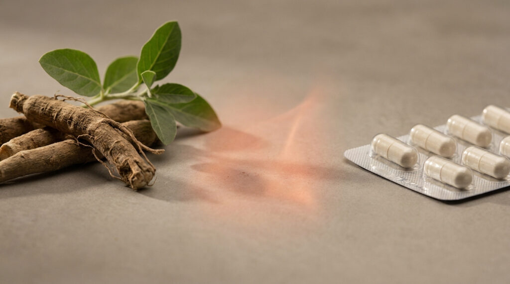Racine d'ashwagandha et plaquette de médicaments sur une table, symbolisant une interaction médicamenteuse.