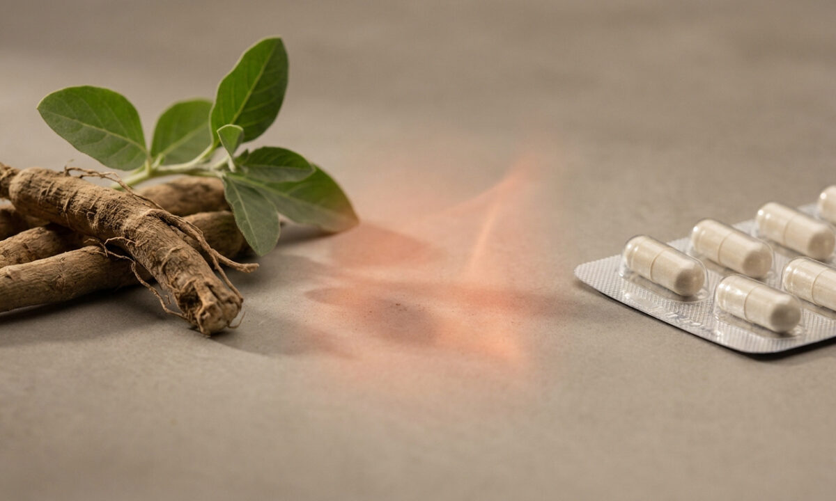 Racine d'ashwagandha et plaquette de médicaments sur une table, symbolisant une interaction médicamenteuse.