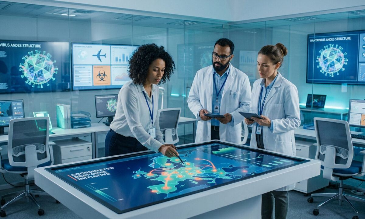 Trois scientifiques analysent une carte interactive de l'Europe sur une table tactile dans un centre de recherche.