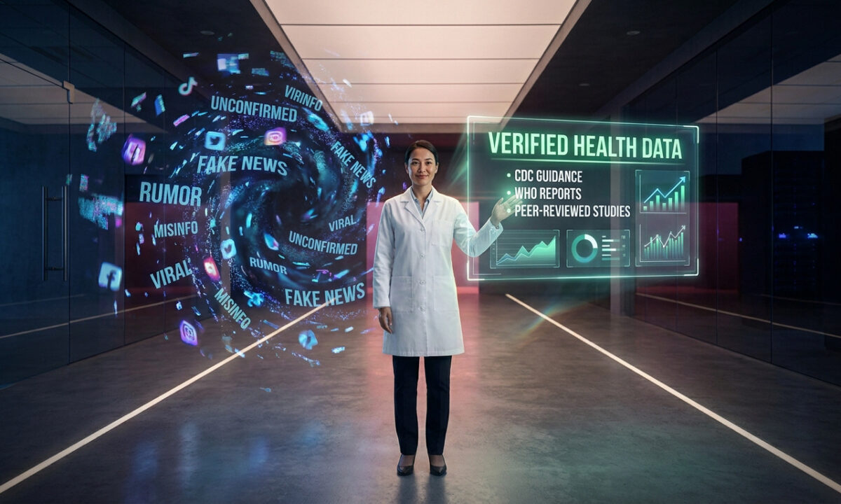 Une scientifique dans un couloir futuriste présente des données de santé vérifiées face à un tourbillon de fausses infos.