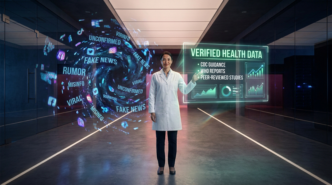 Une scientifique dans un couloir futuriste présente des données de santé vérifiées face à un tourbillon de fausses infos.