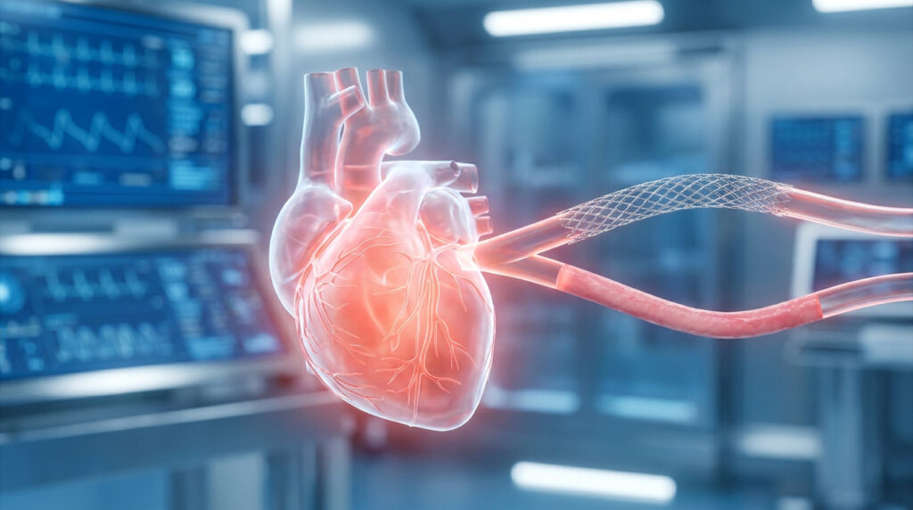 Représentation 3D d'un cœur humain avec une intervention de pose de stent dans une artère, en milieu médical.