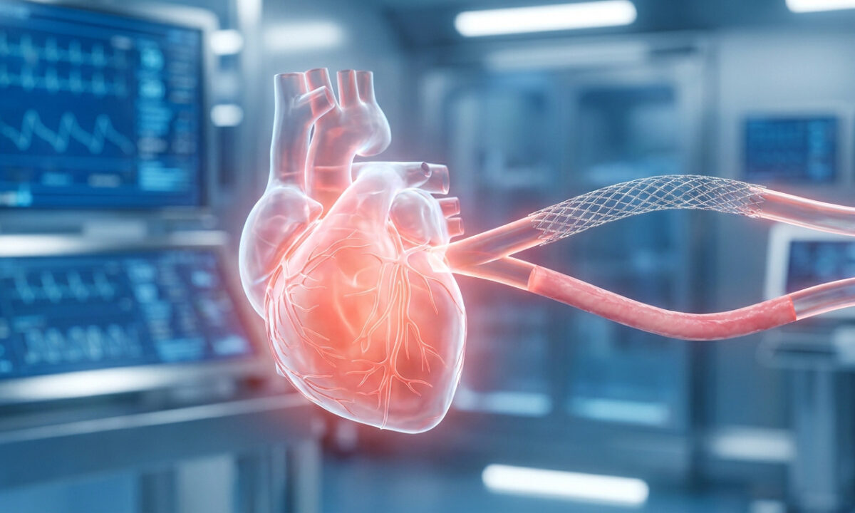 Représentation 3D d'un cœur humain avec une intervention de pose de stent dans une artère, en milieu médical.
