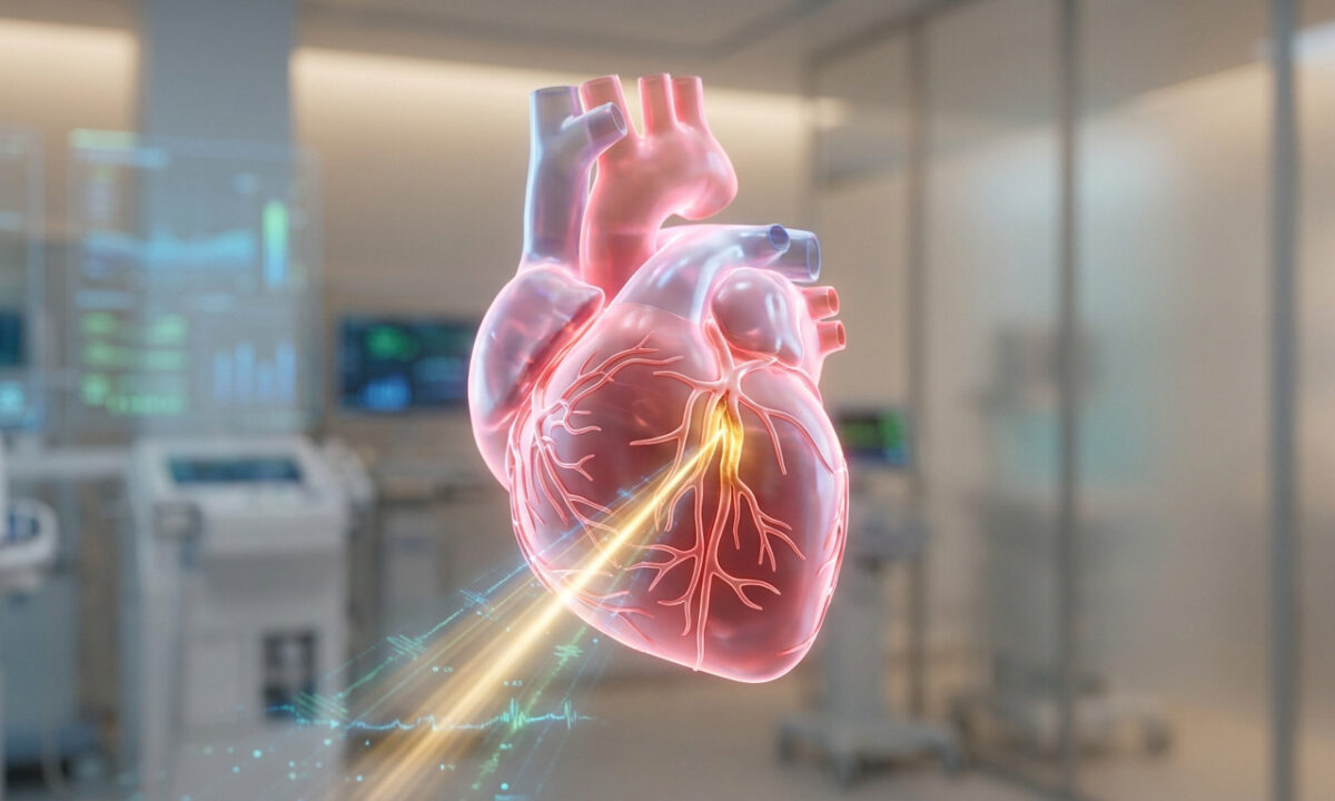 Modèle 3D holographique d'un cœur humain avec des données cliniques dans une salle d'opération moderne.