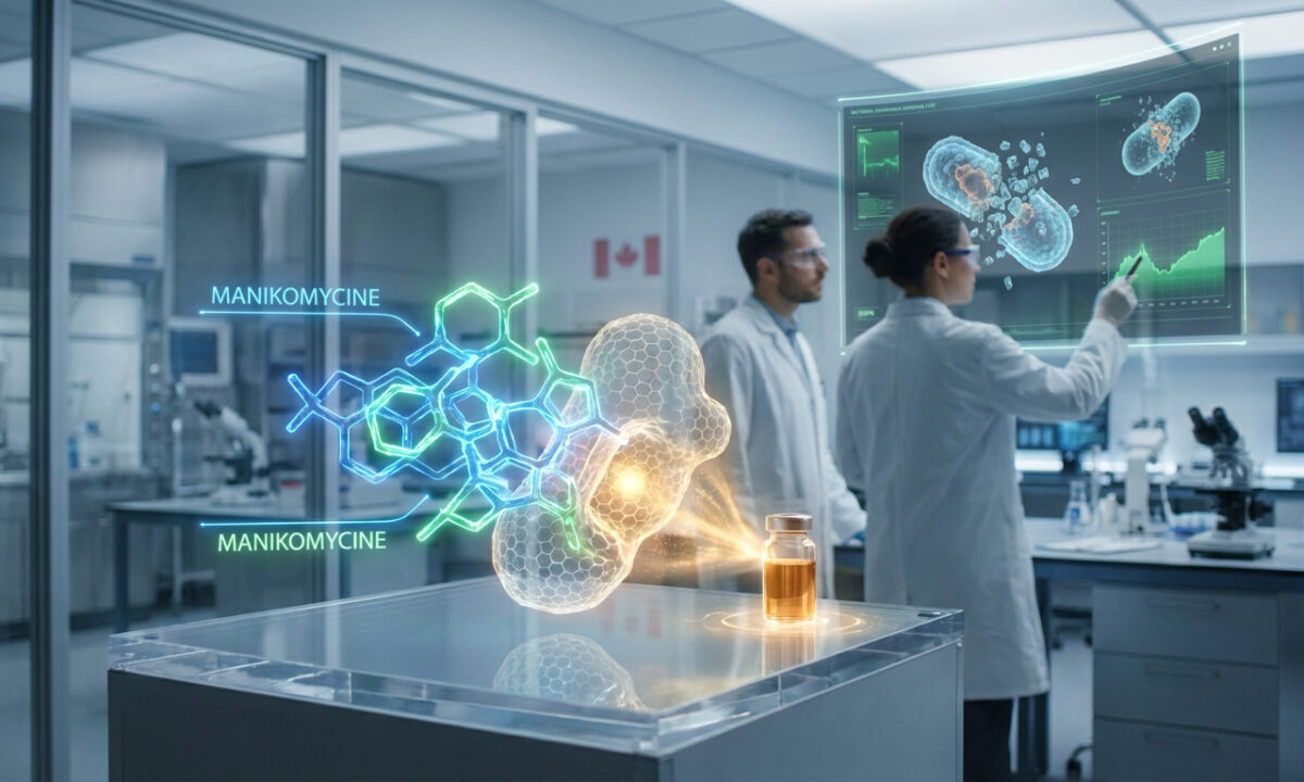 Scientifiques analysant une structure moléculaire 3D holographique de Manikomycine dans un laboratoire moderne.
