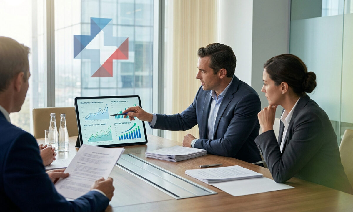 Réunion de travail entre professionnels en costume autour d'une tablette montrant des graphiques financiers de santé.