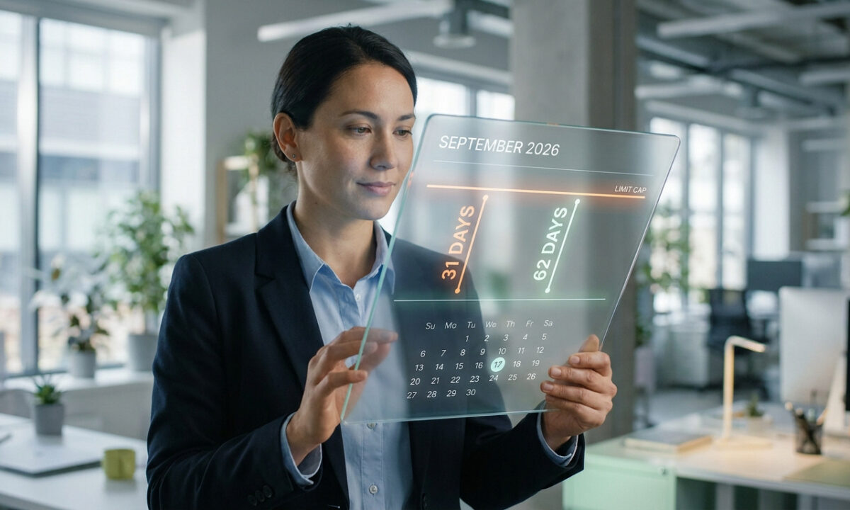 Femme d'affaires consultant un calendrier numérique holographique affichant les délais de la réforme 2026.