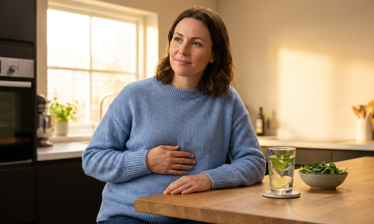Une femme souriante assise dans une cuisine, tenant son ventre, avec un verre d'eau infusée au gingembre et à la menthe.