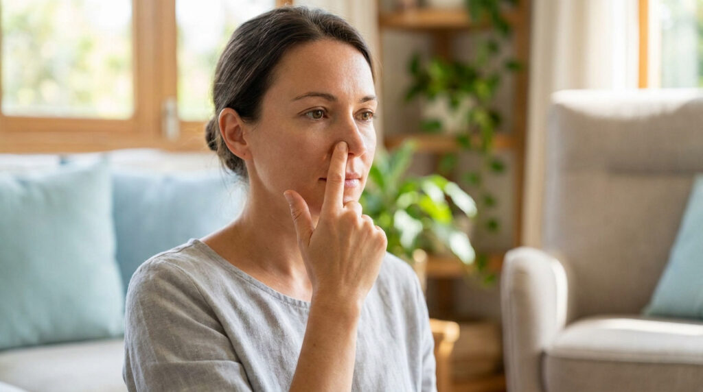 Une femme se masse le nez avec l'index pour soulager une congestion nasale dans un intérieur lumineux.