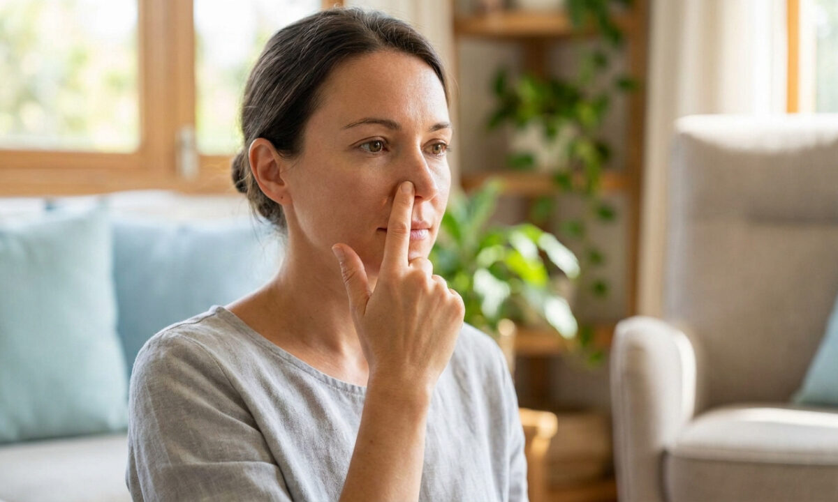 Une femme se masse le nez avec l'index pour soulager une congestion nasale dans un intérieur lumineux.