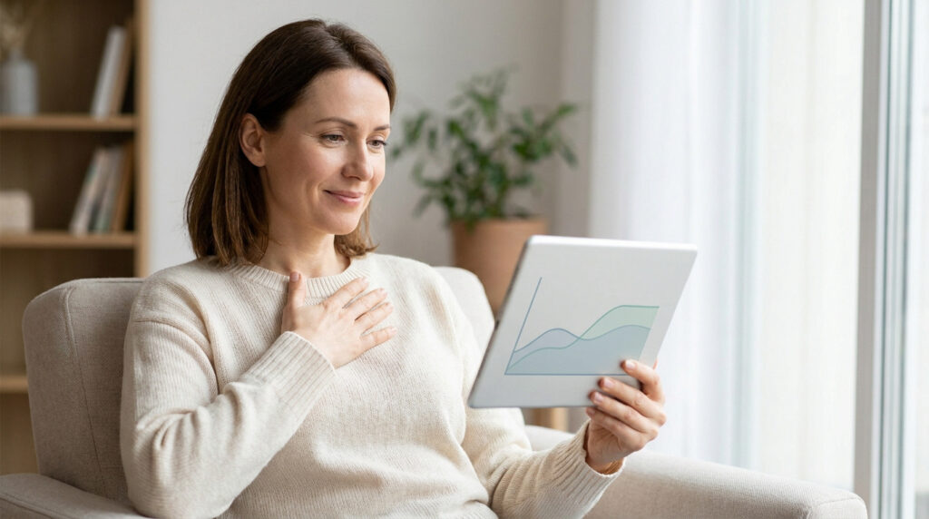 Une femme souriante assise dans un fauteuil consulte un graphique médical sur une tablette numérique.