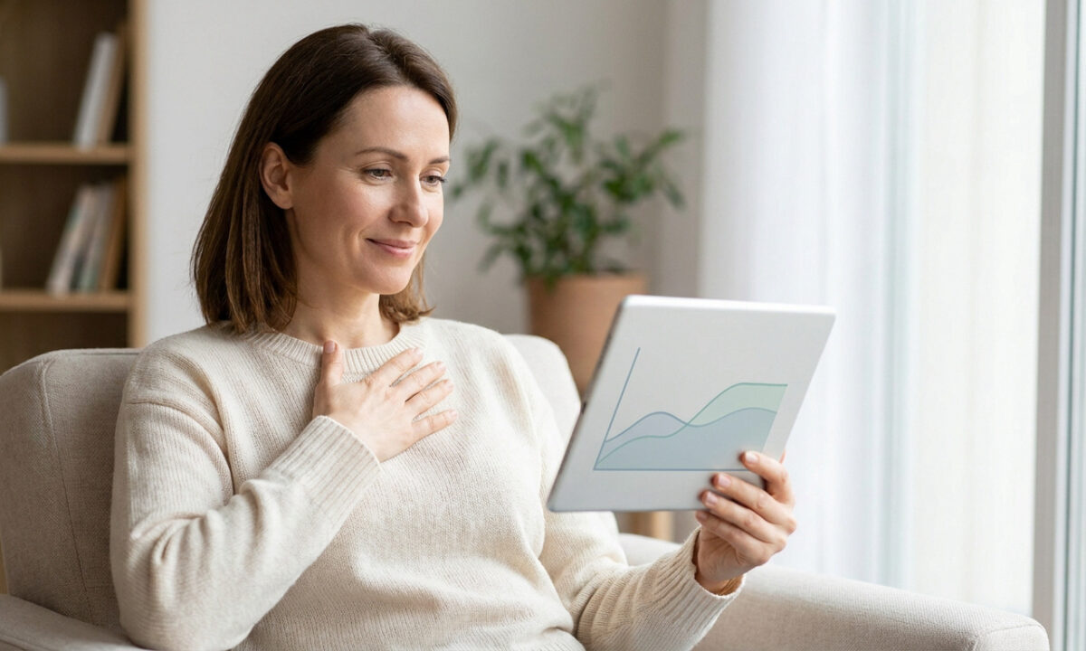 Une femme souriante assise dans un fauteuil consulte un graphique médical sur une tablette numérique.