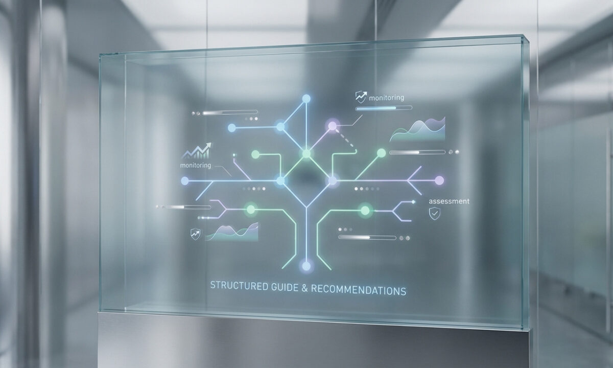 Interface numérique sur panneau de verre affichant un arbre décisionnel médical avec des graphiques de suivi.