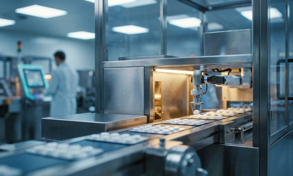 Ligne de production automatisée de comprimés de paracétamol dans une usine pharmaceutique moderne.
