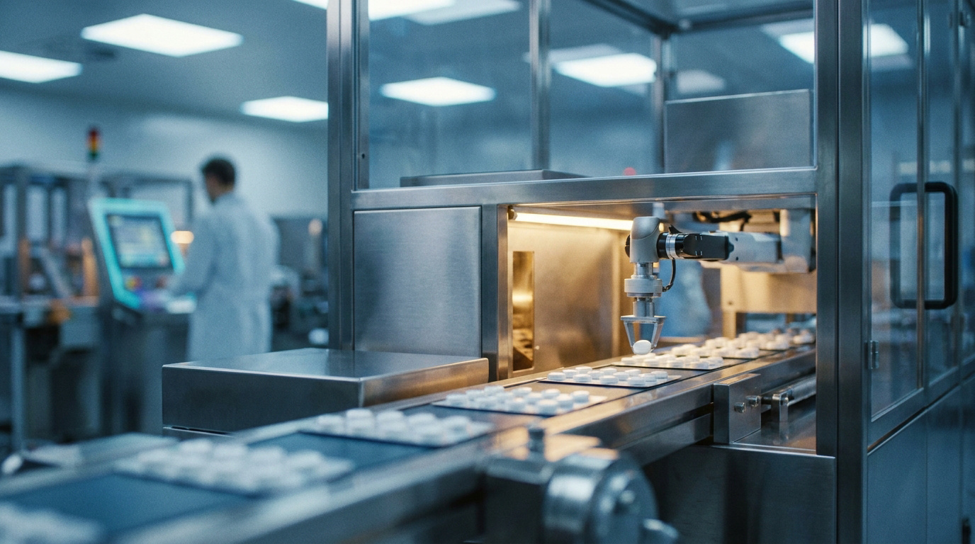 Ligne de production automatisée de comprimés de paracétamol dans une usine pharmaceutique moderne.
