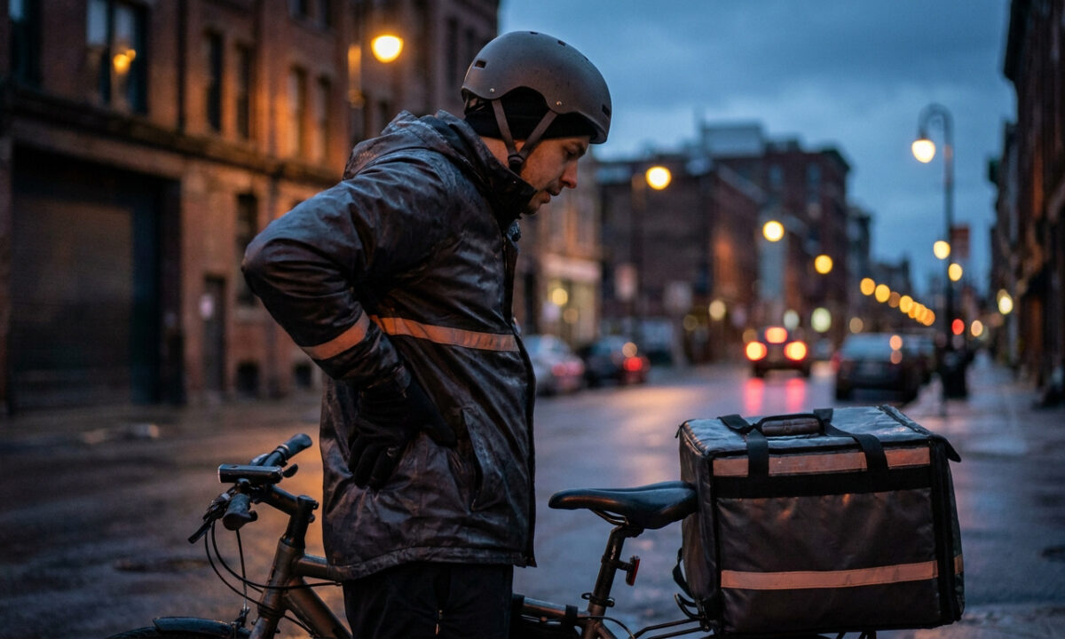 Un livreur à vélo fatigué, portant un casque et un sac thermique, se tient dans une rue sombre en se tenant le dos.