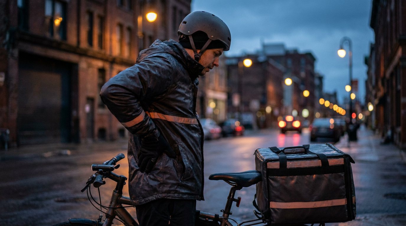Un livreur à vélo fatigué, portant un casque et un sac thermique, se tient dans une rue sombre en se tenant le dos.