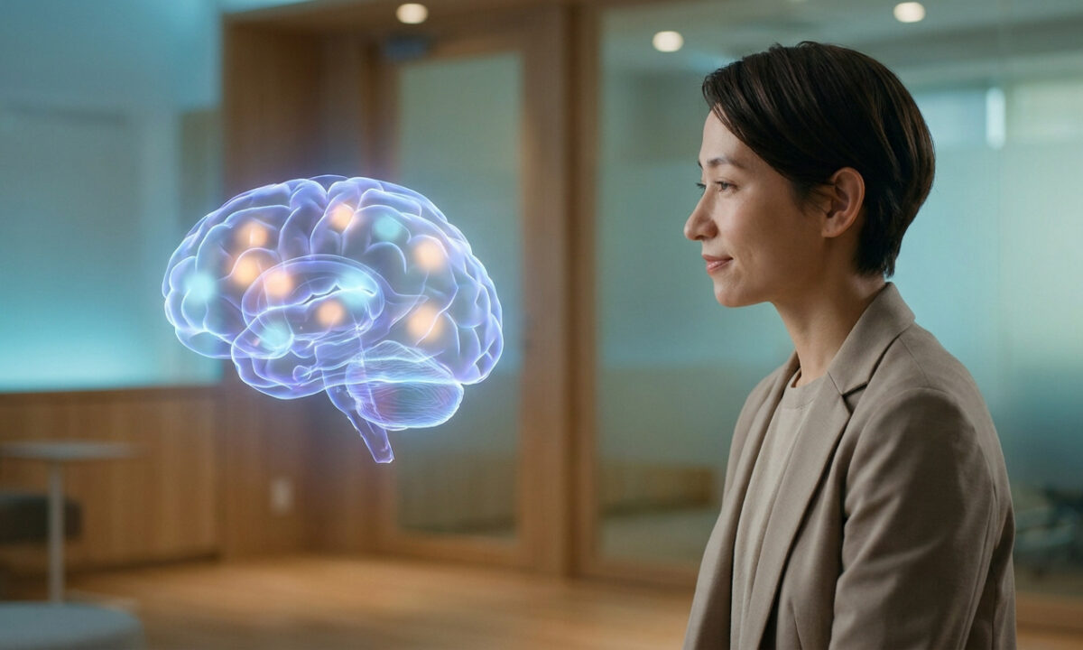 Une femme observe un hologramme de cerveau humain en 3D avec des zones lumineuses colorées représentant l'activité cérébrale.