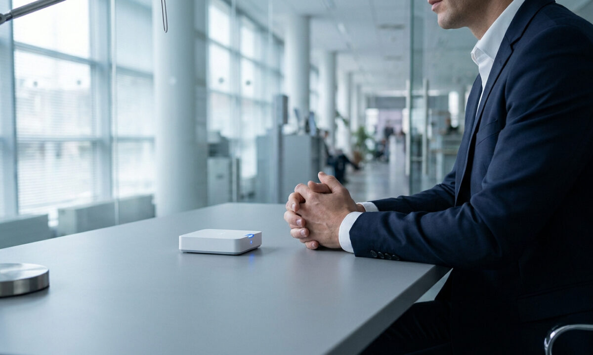 Un homme en costume assis à un bureau avec un petit appareil blanc devant lui.