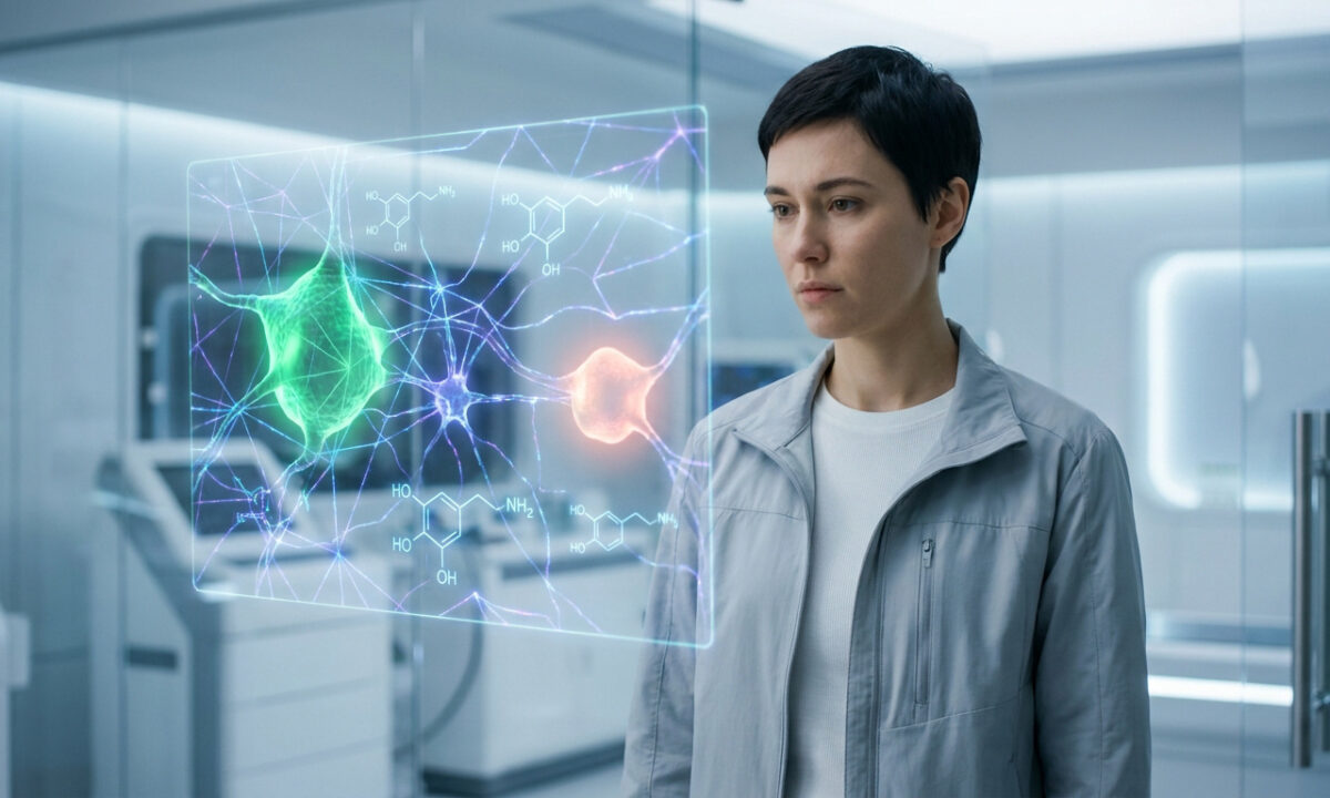 Une chercheuse examine une interface holographique affichant des neurones et des molécules de dopamine en laboratoire.