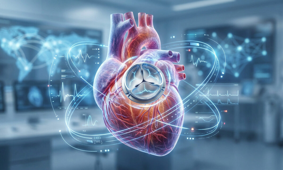 Représentation 3D d'un cœur humain avec une valve aortique artificielle entourée de données médicales numériques.