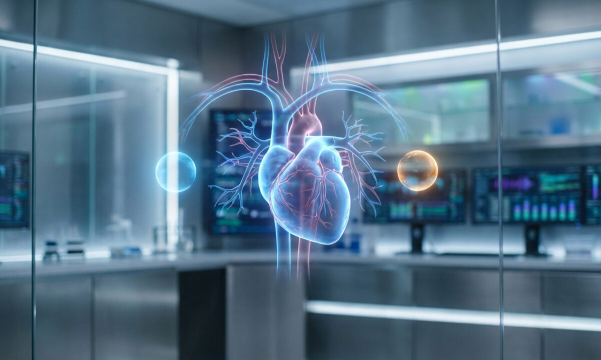 Modèle holographique d'un cœur humain flottant dans un laboratoire de recherche moderne avec des écrans de données.