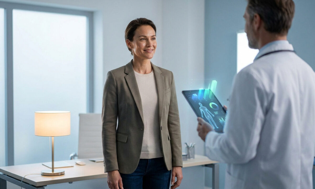 Un médecin montre des données médicales holographiques à une patiente lors d'une consultation en cabinet.