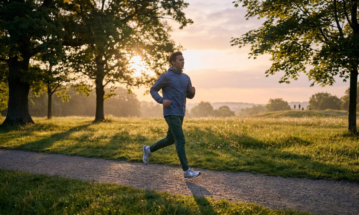 Un homme court sur un chemin de parc au coucher du soleil dans une ambiance sereine.