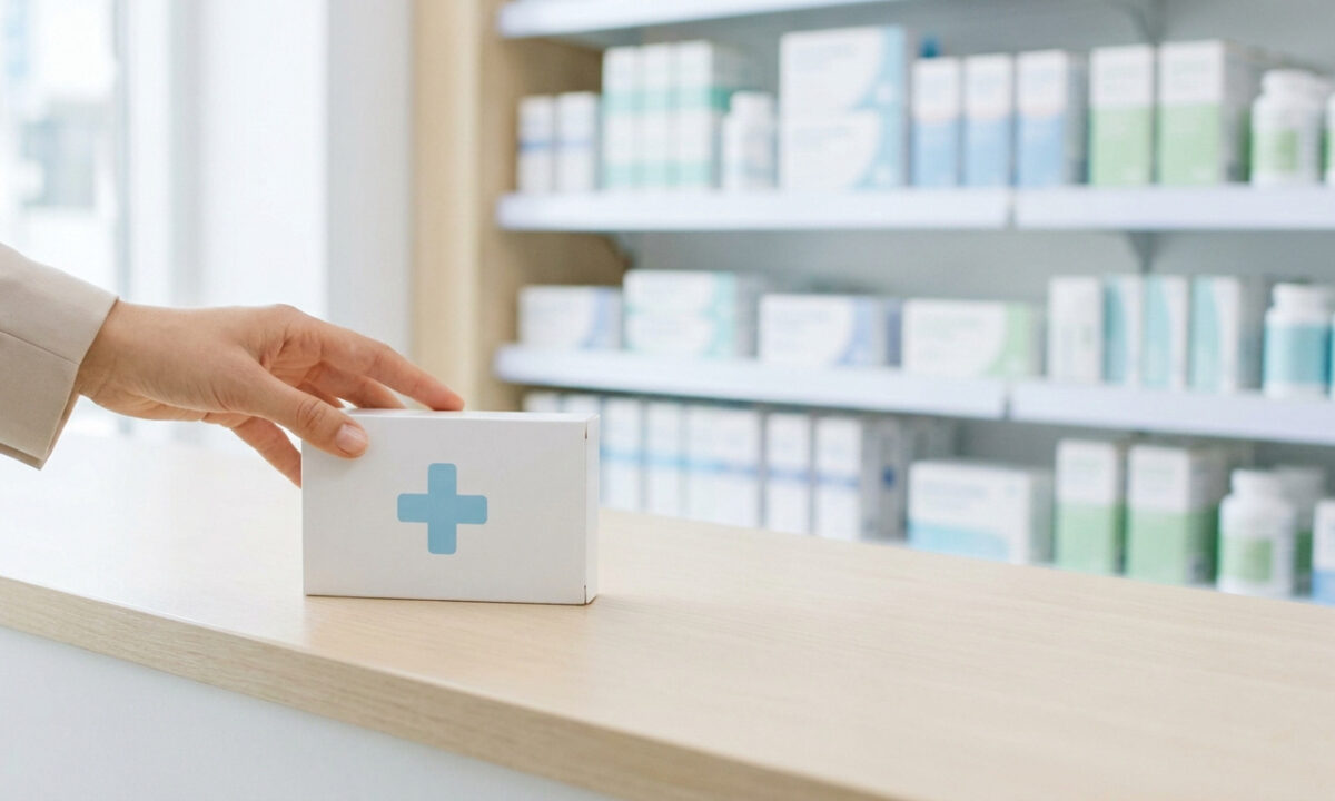 Main posant une boîte blanche avec une croix bleue sur un comptoir de pharmacie devant des étagères de médicaments.