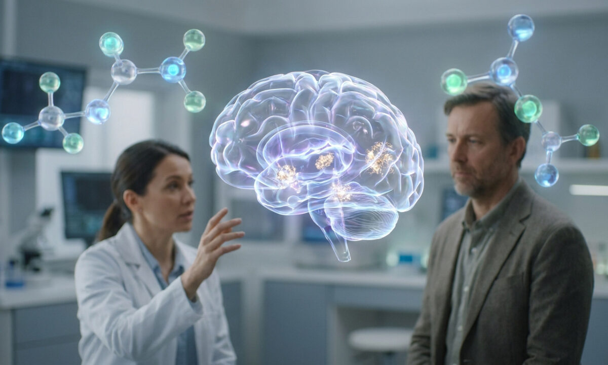 Une chercheuse explique un modèle holographique 3D d'un cerveau humain à un patient dans un laboratoire de haute technologie.