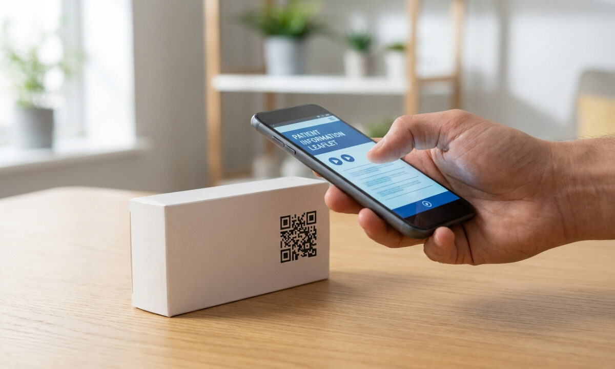 Une main utilisant un smartphone pour scanner le QR code sur une boîte de médicament.