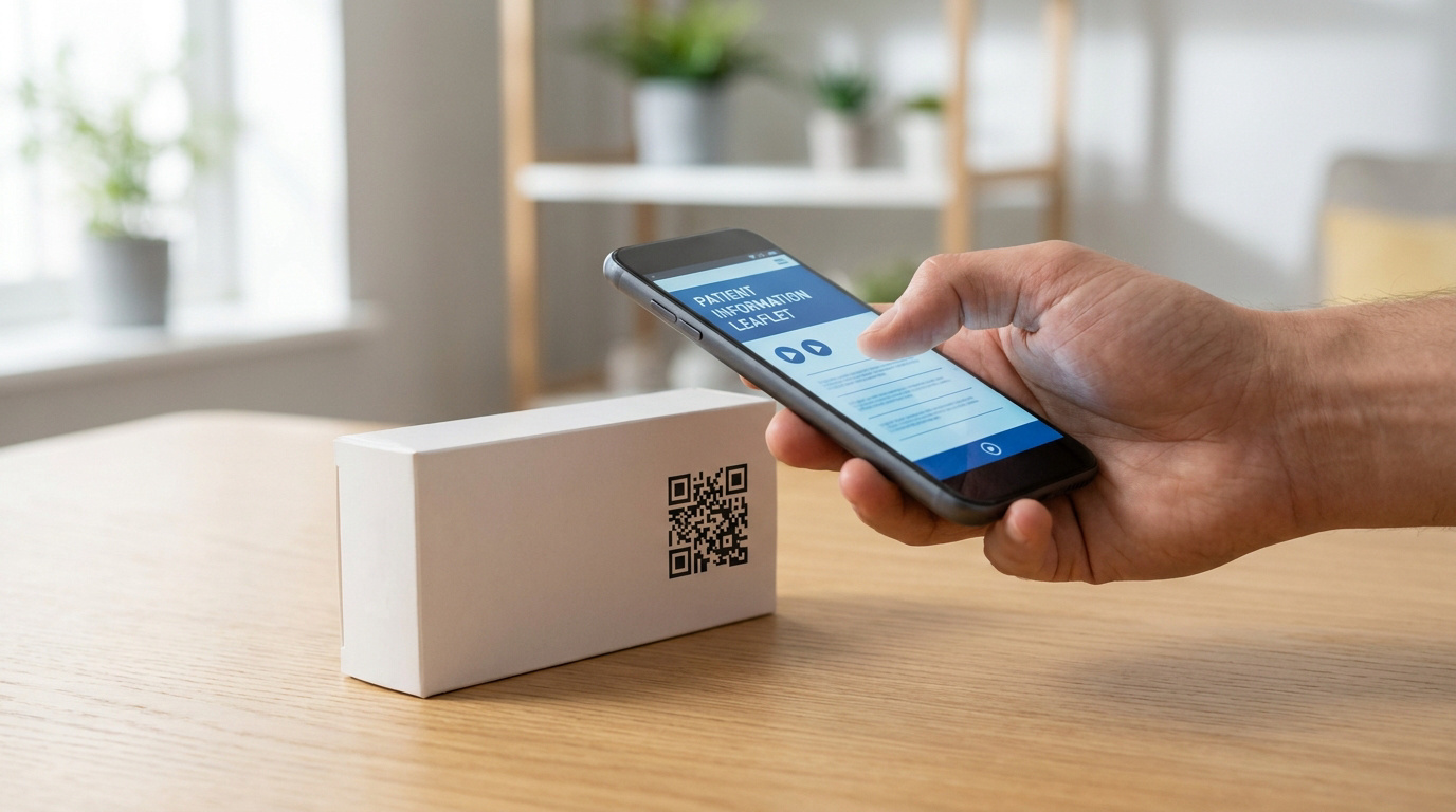 Une main utilisant un smartphone pour scanner le QR code sur une boîte de médicament.
