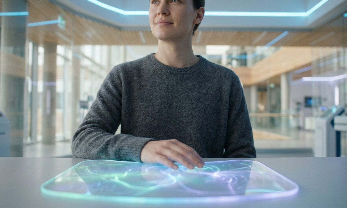 Une personne interagissant avec une interface holographique lumineuse sur une table dans un environnement technologique.