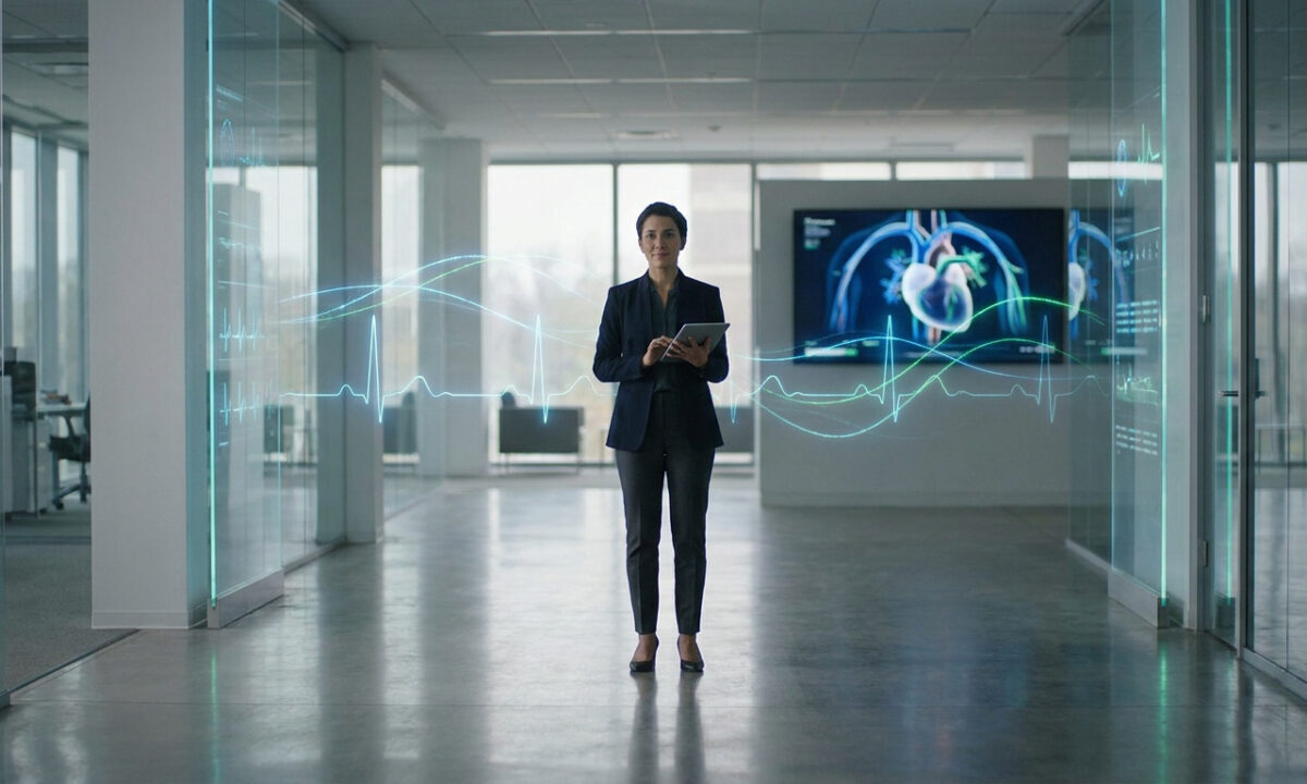 Une femme en tailleur tient une tablette numérique entourée d'hologrammes de données cardiaques dans un bureau moderne.