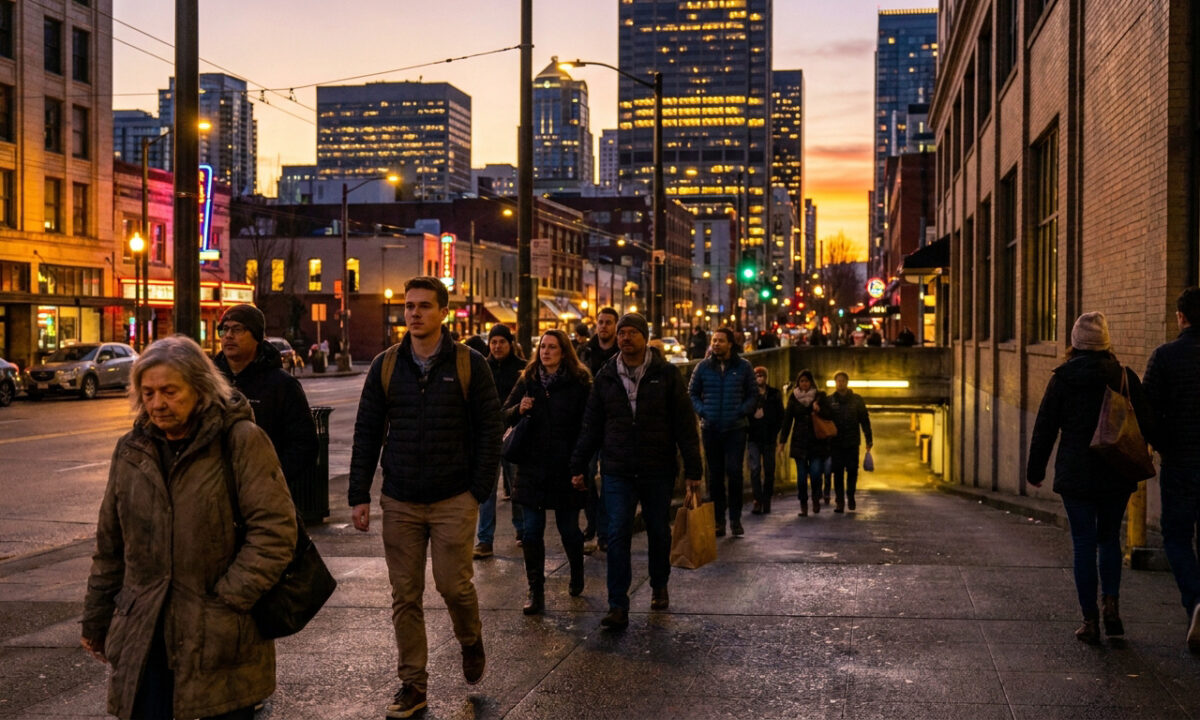 Des piétons marchent sur un trottoir urbain au crépuscule devant des immeubles illuminés.
