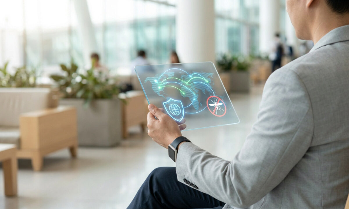 Un homme en costume consulte une interface holographique affichant une carte du monde, un bouclier et un moustique barré.