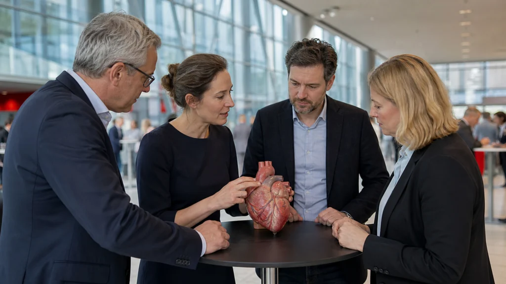 Cardiologues échangeant autour d’un modèle anatomique de cœur lors d’un congrès scientifique