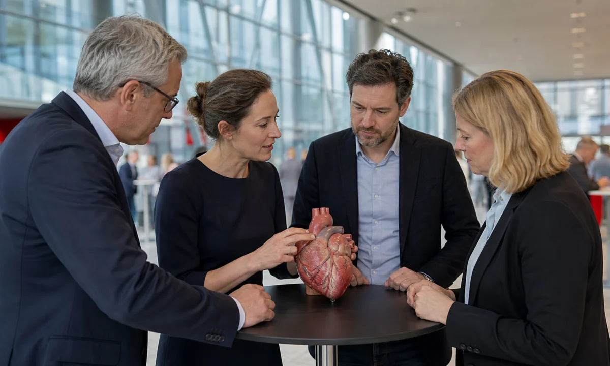 Cardiologues échangeant autour d’un modèle anatomique de cœur lors d’un congrès scientifique