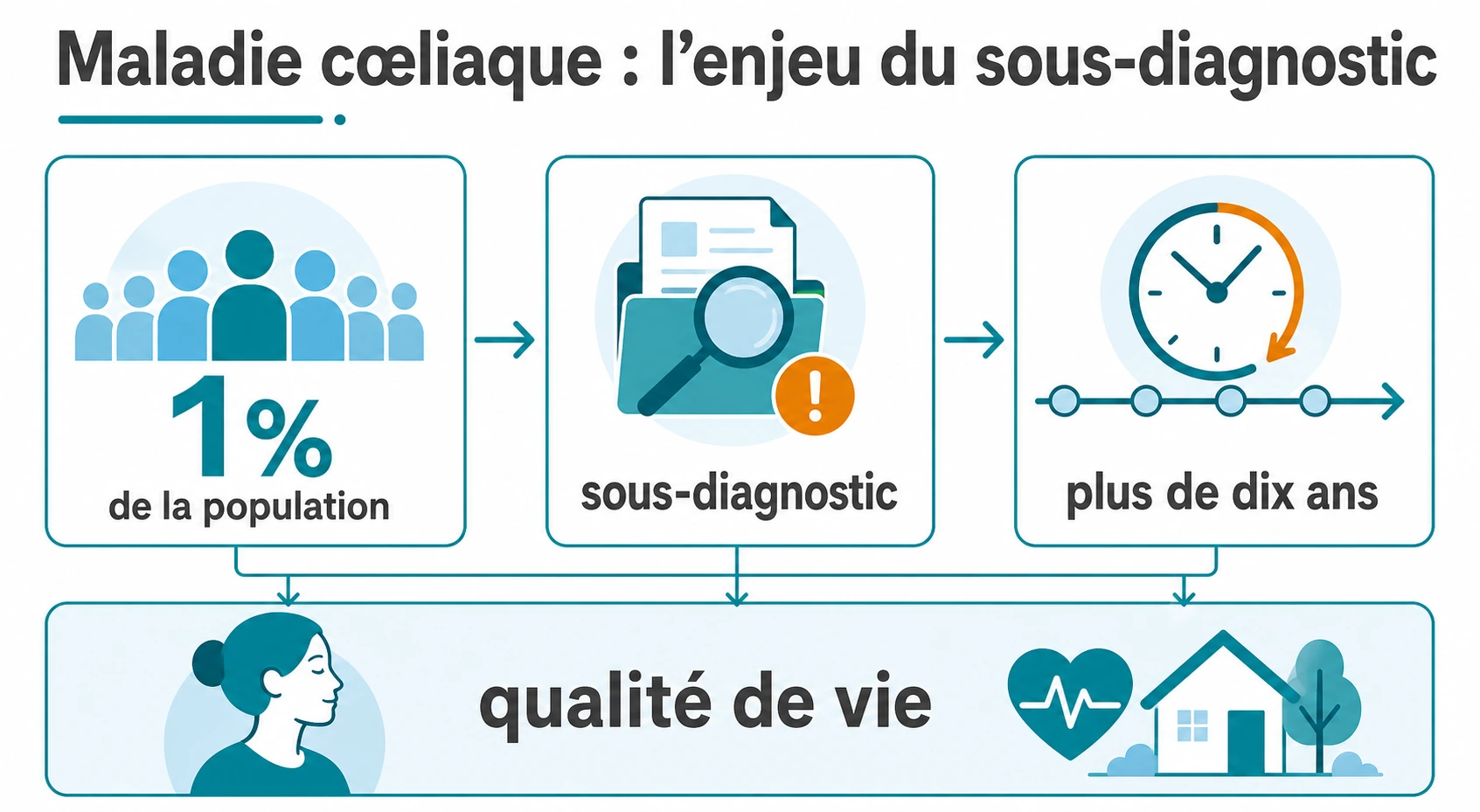 Tableau de bord synthétique montrant que la maladie cœliaque concerne environ 1% de la population, reste sous-diagnostiquée et peut entraîner une errance médicale de plus de dix ans.