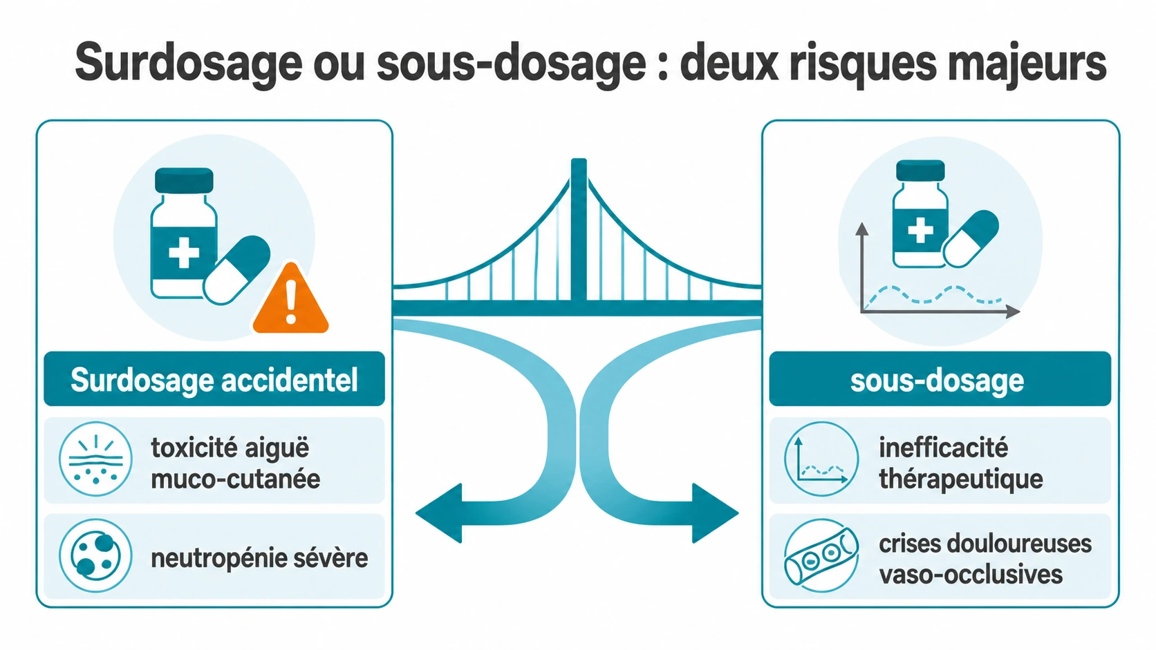 Schéma reliant l’erreur de dosage à deux branches : surdosage avec toxicité aiguë muco-cutanée et neutropénie sévère ; sous-dosage avec inefficacité thérapeutique et retour des crises douloureuses vaso-occlusives.