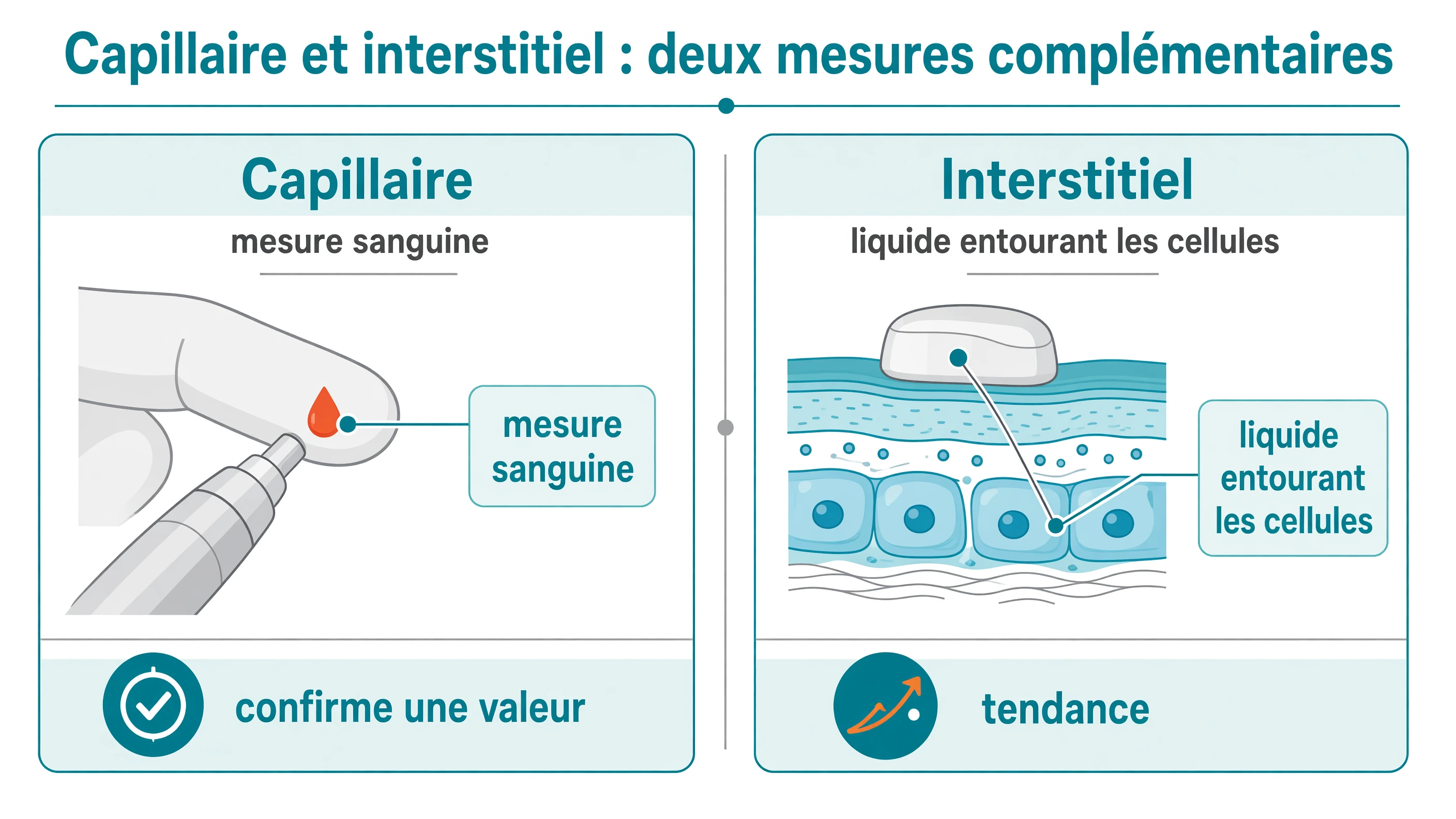 Comparaison schématique entre la piqûre au doigt qui mesure le sang et le capteur qui analyse le liquide interstitiel, le capteur indiquant la tendance et le lecteur confirmant la valeur.