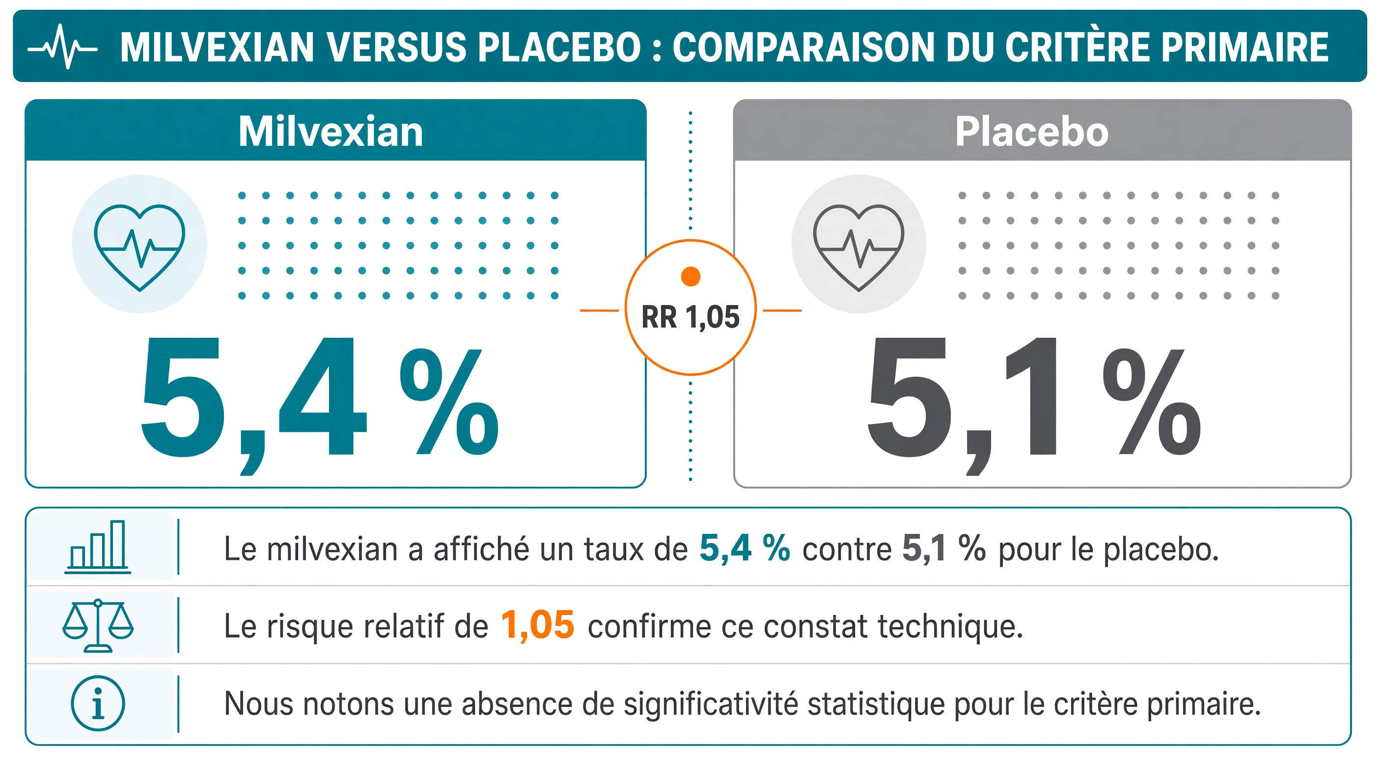 Comparaison binaire des taux d'événements cardiovasculaires de 5,4 % sous milvexian et 5,1 % sous placebo avec un risque relatif de 1,05.