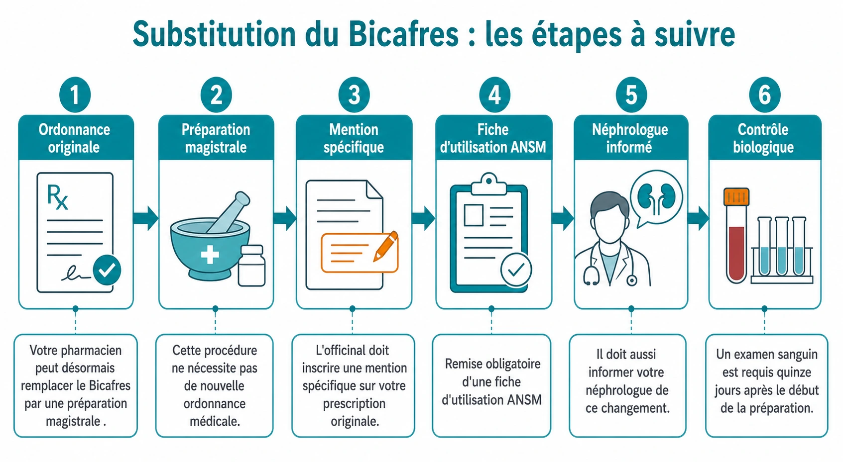 Schéma chronologique montrant le remplacement du Bicafres par une préparation magistrale en pharmacie, sans nouvelle ordonnance, avec traçage, remise d’une fiche ANSM, information du néphrologue et contrôle biologique à quinze jours.