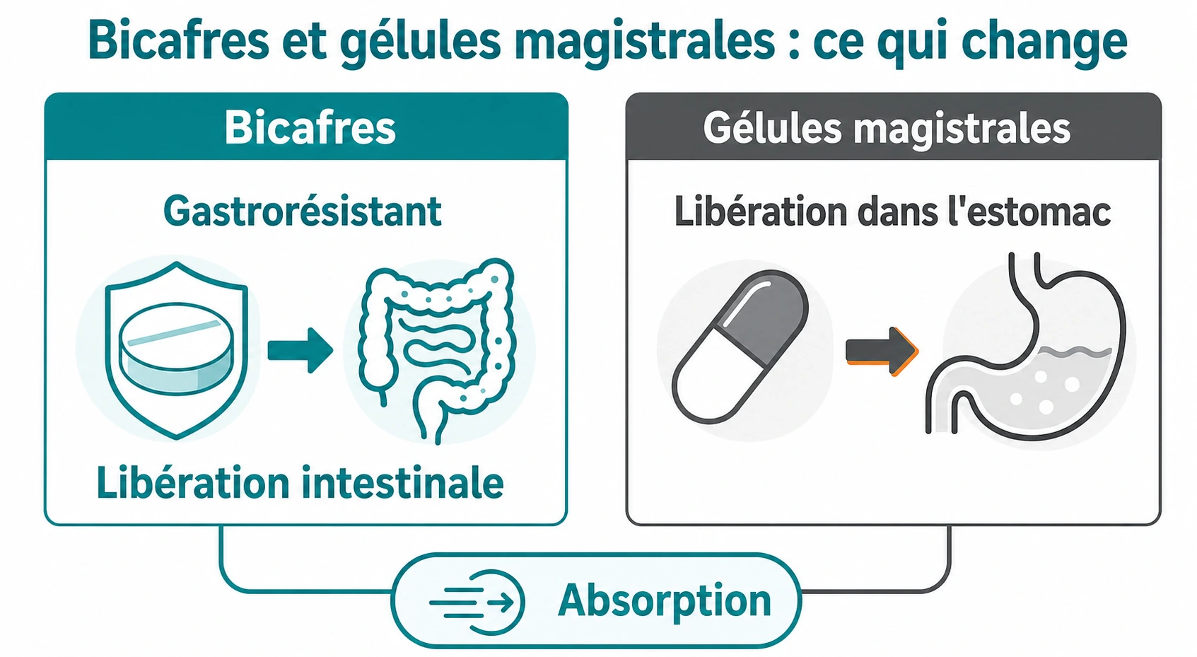 Comparaison en deux colonnes entre le Bicafres gastrorésistant à libération intestinale et les gélules magistrales non gastrorésistantes se libérant dans l’estomac, avec mention des dosages 500 mg et 1000 mg.