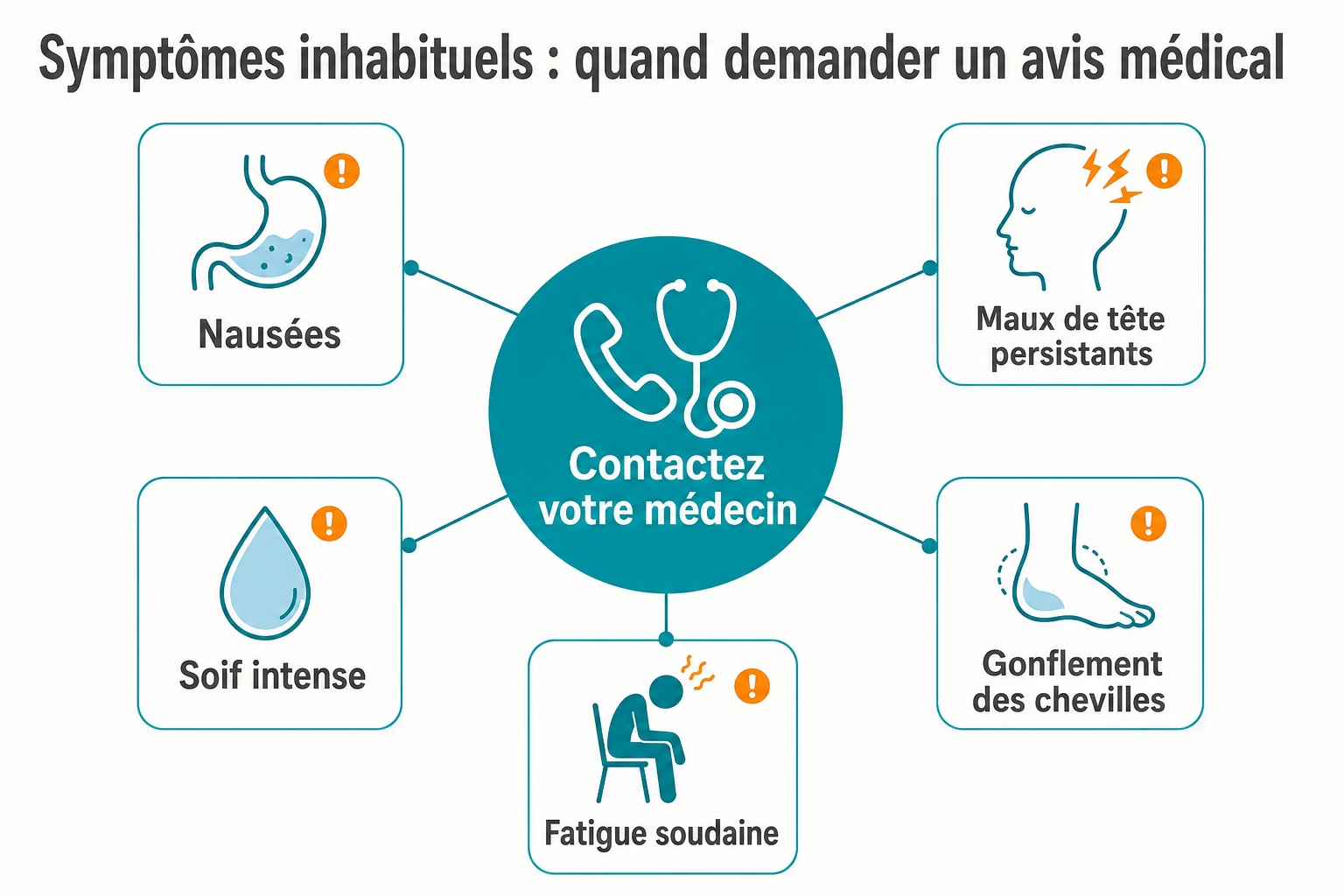 Carte en étoile listant les symptômes à surveiller après le changement de traitement : nausées, maux de tête persistants, soif intense, gonflement des chevilles et fatigue soudaine, avec rappel de contacter le médecin si les symptômes deviennent gênants.