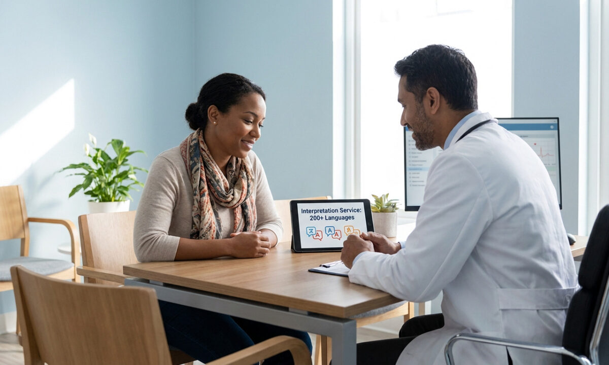 Un médecin et sa patiente utilisent une tablette affichant un service d'interprétariat médical en 200 langues.