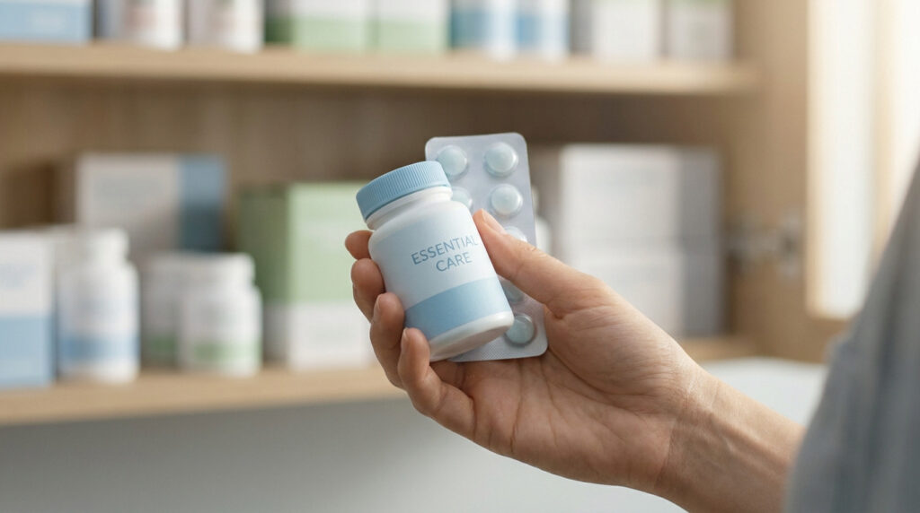 Une main tenant un flacon de médicaments et une plaquette de comprimés devant une étagère de pharmacie.