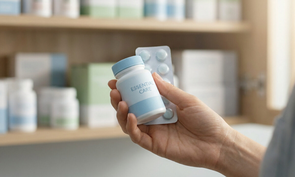 Une main tenant un flacon de médicaments et une plaquette de comprimés devant une étagère de pharmacie.