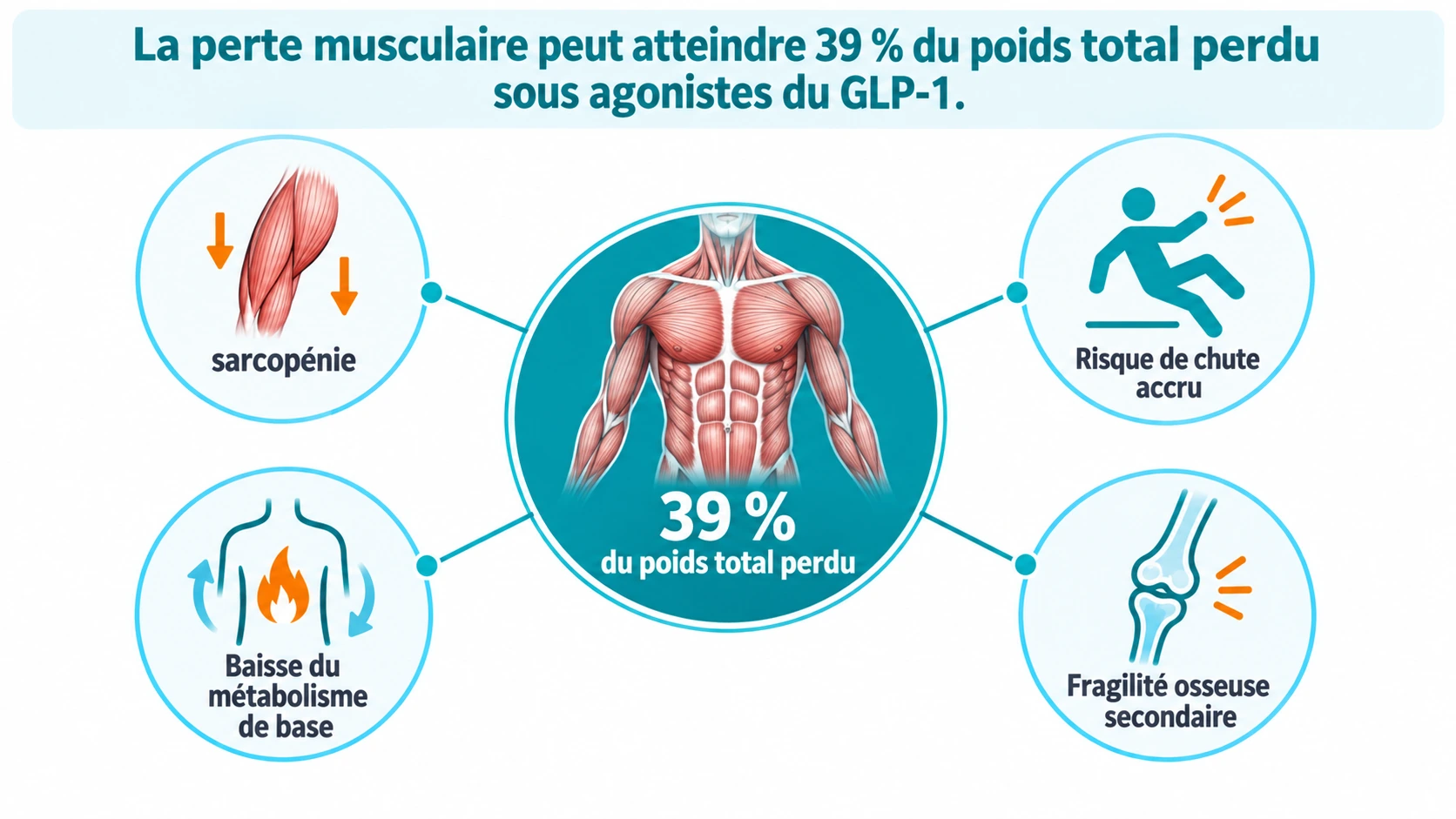 Schéma en étoile illustrant une perte musculaire de 39 % au centre, entourée des risques de sarcopénie, chute accrue, baisse du métabolisme et fragilité osseuse.