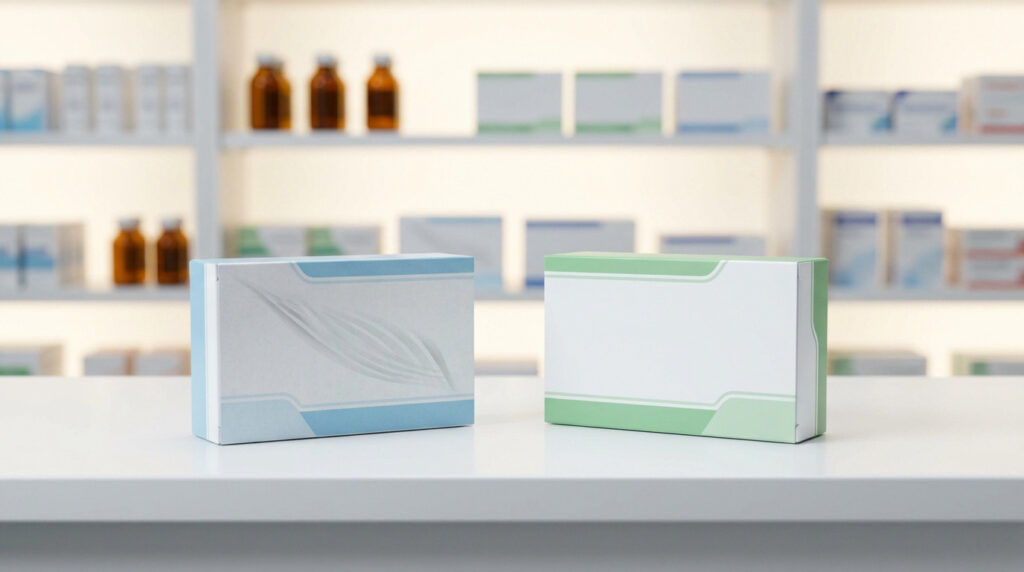 Deux boîtes de médicaments neutres sur un comptoir de pharmacie avec des étagères floues en arrière-plan.